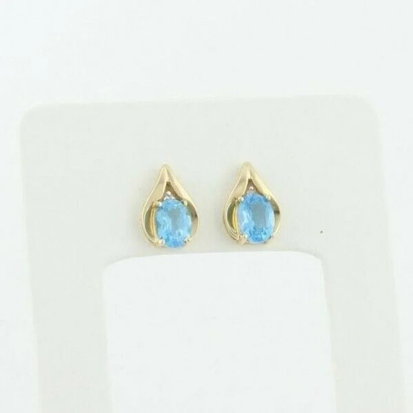 10k Yellow Gold Natural Swiss Blue Topaz and Diamond Earrings Stud Post Earrings - Picture 4 of 8